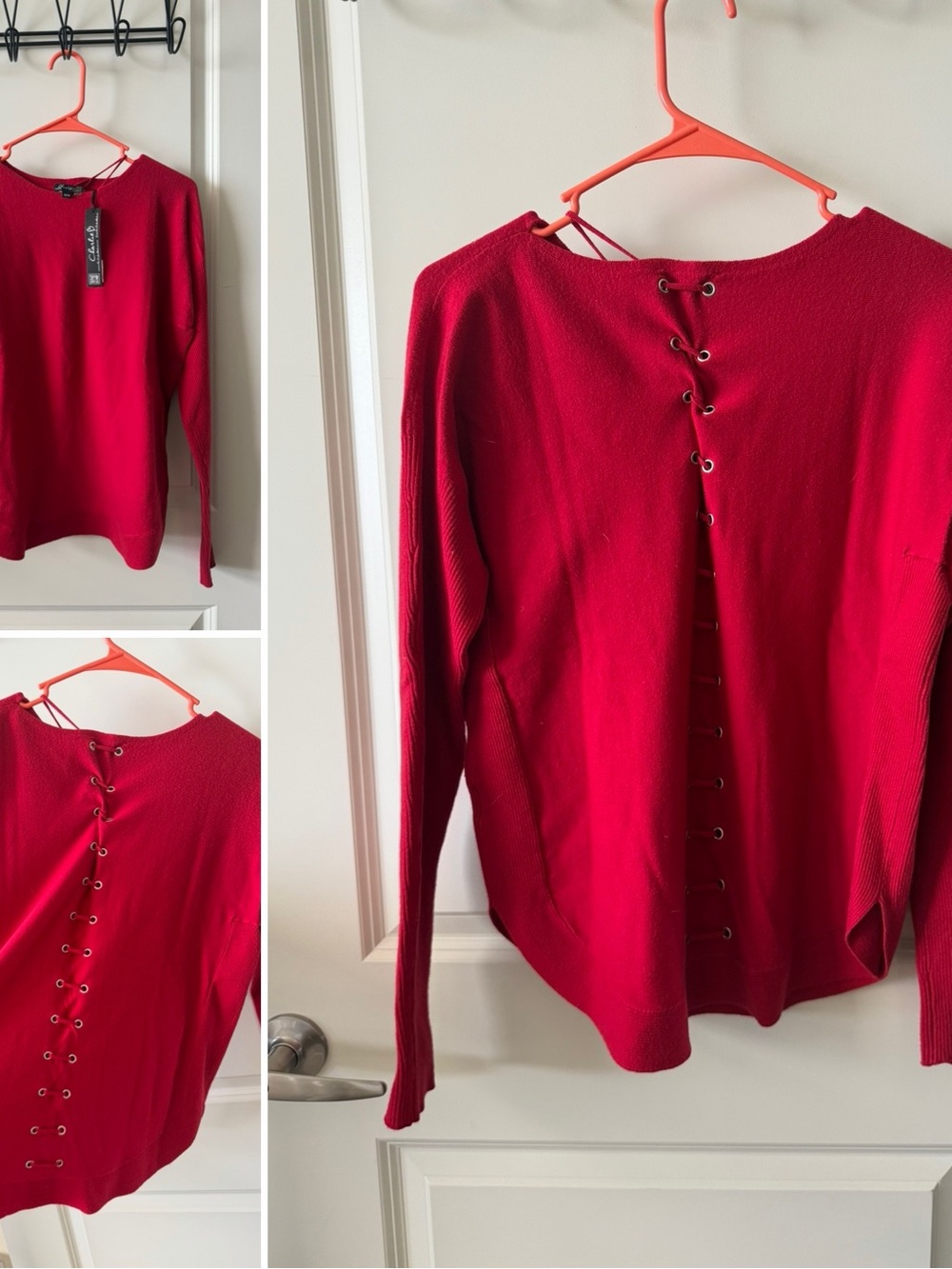 CHARLIE B Red Lace-Up Back Long Sleeve Sweatshirt